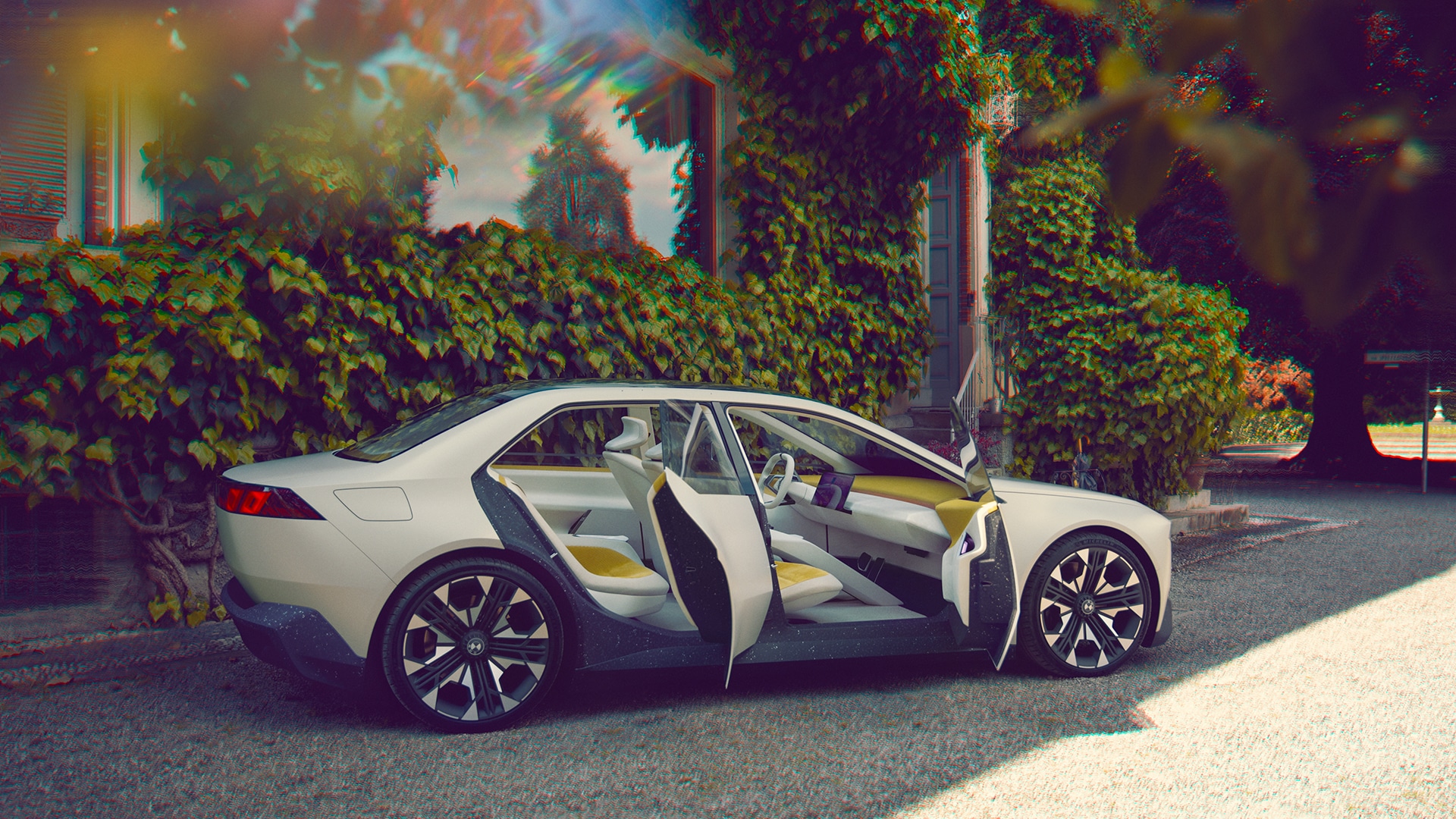 The yellow corduroy fabric in the interior of the BMW Vision Neue Klasse adds warmth that harmonises perfectly with the shimmering yellow exterior colour Joyous Bright.