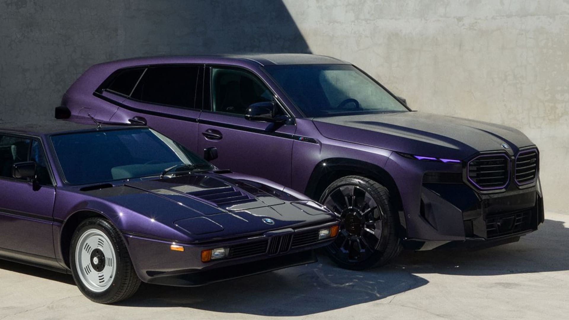 Classic meets modernity: 1981 BMW M1 by Ronnie Fieg in Techno Violet and 2024 BMW XM Kith Concept in Frozen Techno Violet Metallic.